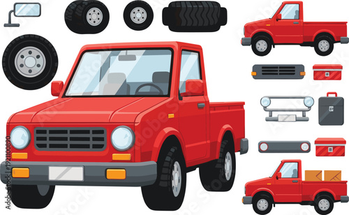 Red Pickup Truck Vector Illustration Set with Off-Road Vehicle, Spare Parts, Tires, Side Mirrors, Cargo Boxes, and 4x4 Transportation Icons for Logistics