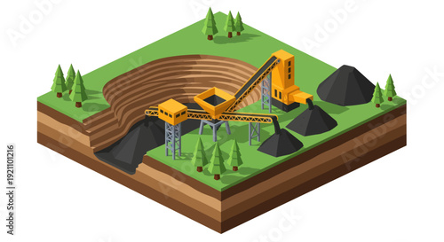 Coal Mining Operation with Excavator and Piles of Coal.