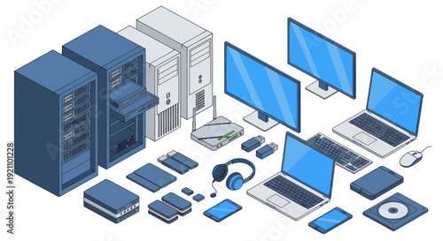 Collection of modern computer hardware and electronic devices.