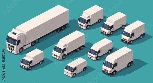 Collection of White Delivery Trucks and Vans in Isometric View.