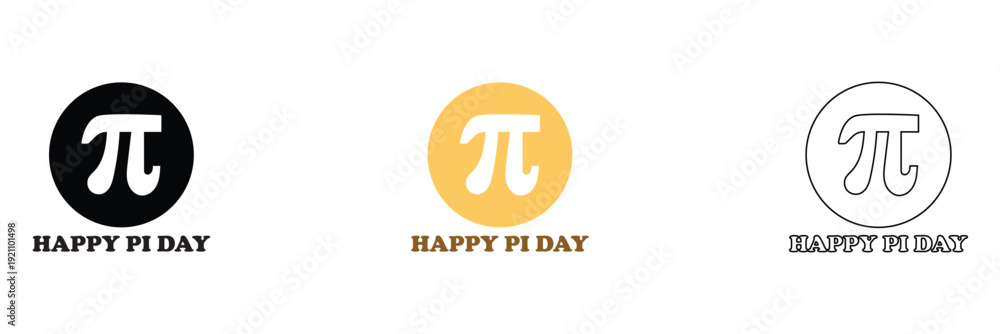 Obraz premium Happy Pi Day Circular Logo Designs. Set of three circular Happy Pi Day logo designs featuring the pi symbol in black, yellow, and outline styles on light background.