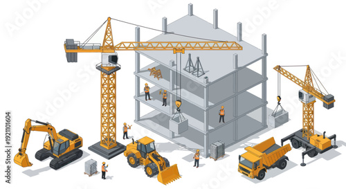 Construction Site with Cranes and Excavators Building a Structure.