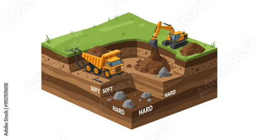 Construction site with excavator and dump truck digging earth layers.
