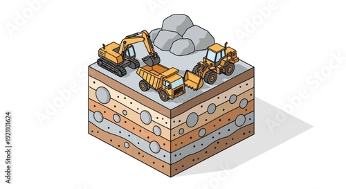 Construction Site With Excavator Dump Truck And Bulldozer On Layered Soil Cross Section.