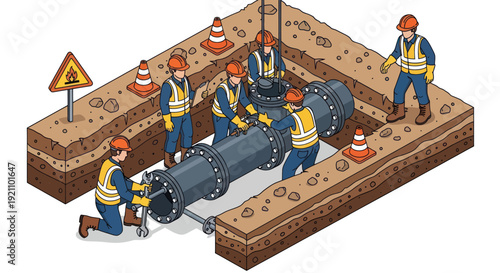 Construction workers diligently repair underground pipeline in excavated trench.