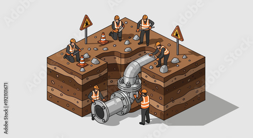 Construction workers installing large industrial pipe underground.