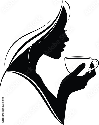 Black silhouette of a woman drinking from a teacup