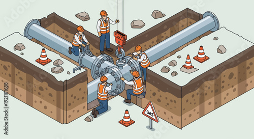 Construction workers installing large industrial pipeline underground.