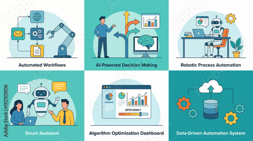 "Automation & AI Vector Illustration – Workflows, Decision Making, RPA, Smart Assistants, Optimization, Data Systems"