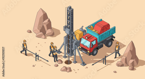 Construction workers operating drilling rig and truck at industrial site.