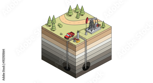 Cross section of earth showing oil extraction and processing.