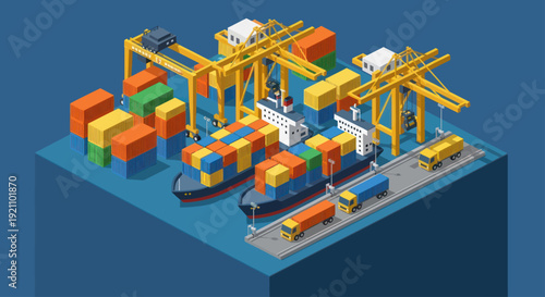 Container Ship Loading and Unloading at Port with Cranes and Cargo.