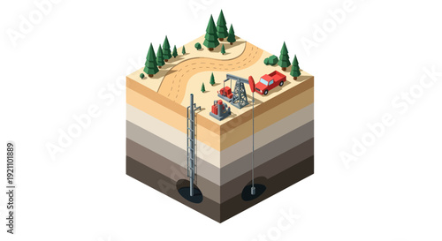 Cross section of oil and gas extraction site with drilling rig and equipment.