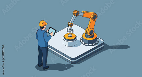 Engineer operating robotic arm with tablet in smart factory.