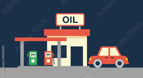 Gas Station with Car and Fuel Pumps Illustration.