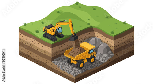 Excavator Loading Dump Truck in Open Pit Mine Construction Site.