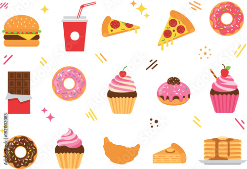 Vibrant Fast Food and Dessert Vector Icon Set Featuring Burgers, Pizza, Donuts, Cupcakes, and Pancakes for Restaurant Menus, Delivery Apps, and Bakery Graphic Design