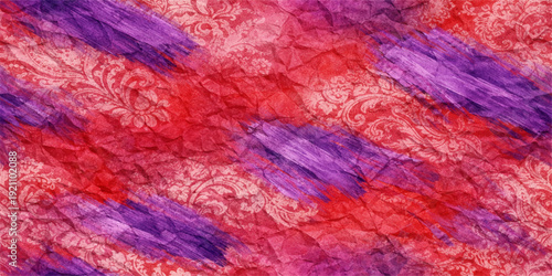 Seamless abstract purple and pink silk fabric texture with a crumpled grunge paint design on a red textile material backdrop creates a colorful textured paper wallpaper art pattern