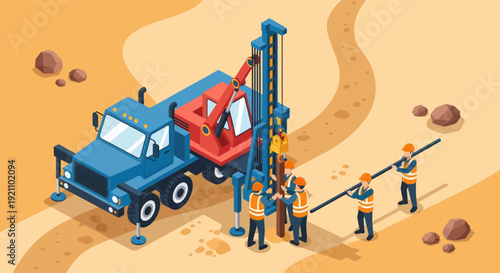 Geological Survey Team Operating Drilling Rig for Soil Research.