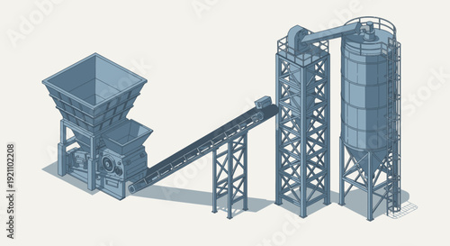 Industrial concrete batching plant with silos and conveyor belt.