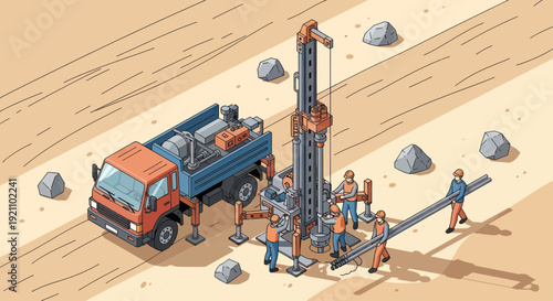 Industrial drilling rig truck and workers on construction site.