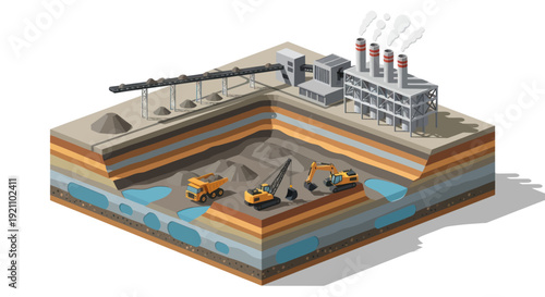 Industrial mining operation with heavy machinery and processing plant.