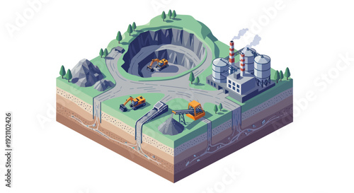 Industrial mining operation with open pit and processing plant.