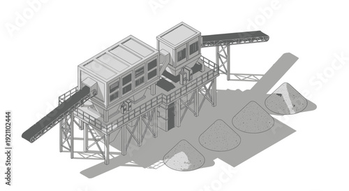 Industrial mining processing plant with conveyor belts and piles of material.