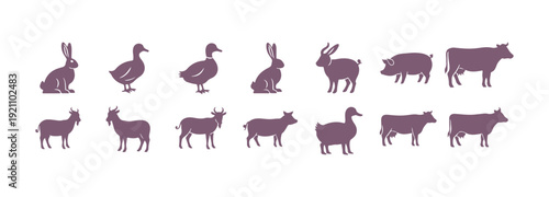 A set of icons depicting various farm animals