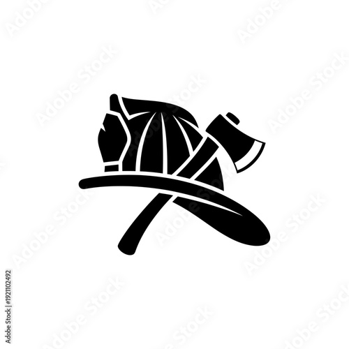 Vector illustration of a firefighter's helmet crossed with an axe, symbolizing fire rescue and safety.