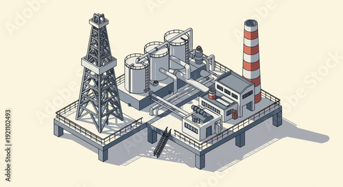 Industrial Oil Rig Platform with Refinery and Chimney.