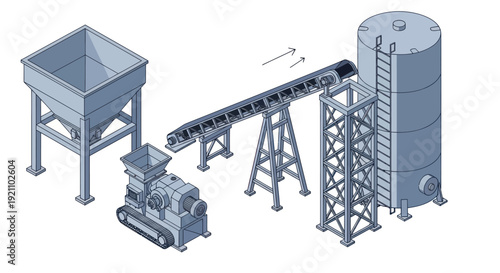 Industrial processing plant with conveyor belt system and storage silo.