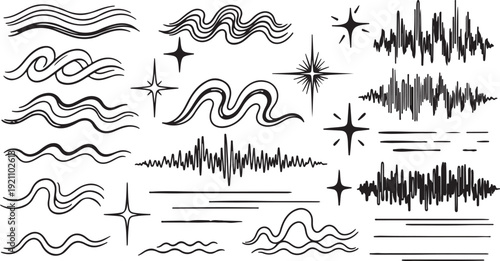 Abstract Sound Waves and Stars in Minimalist Black and White Design for Graphic Elements