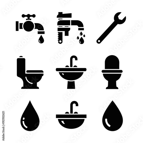 Modern Black Silhouette Vector Icons Representing Essential Plumbing, Water Conservation, and Bathroom Fixtures, Including Faucets, Sinks, Toilets, Water Drops, and a Wrench for Home Maintenance and R