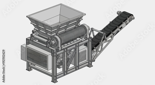 Industrial Shredder Machine with Conveyor Belt System for Waste Processing.