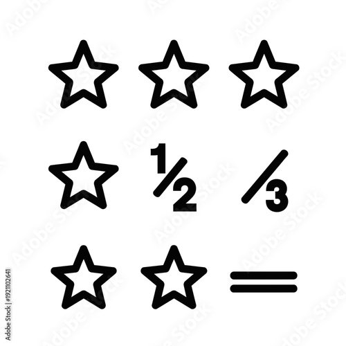 Clean Outline Vector Icons for Star Rating Systems and Mathematical Fractions, Featuring Multiple Stars, Half, One-Third, and an Equals Sign, Ideal for Product Reviews, Educational Content, and Assess