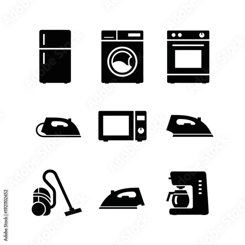 Collection of Black Silhouette Vector Icons Representing Essential Modern Household Appliances, Including a Refrigerator, Washing Machine, Oven, Microwave, Vacuum Cleaner, Iron, and Coffee Maker, for 