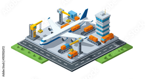 Isometric Airport Logistics and Cargo Operations with Airplane and Trucks.