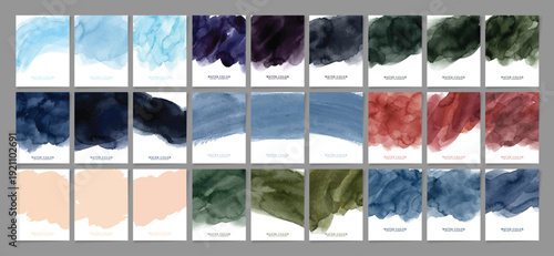 Collection of thirty-six abstract watercolor splash vector graphic design templates featuring various elegant color palettes for modern artistic backgrounds.