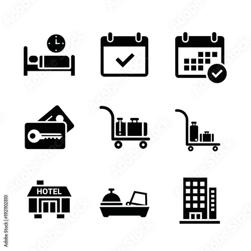 Set of Solid Black Glyph Icons Representing Hotel and Hospitality Services, Including Check-in, Room Service, and Accommodation