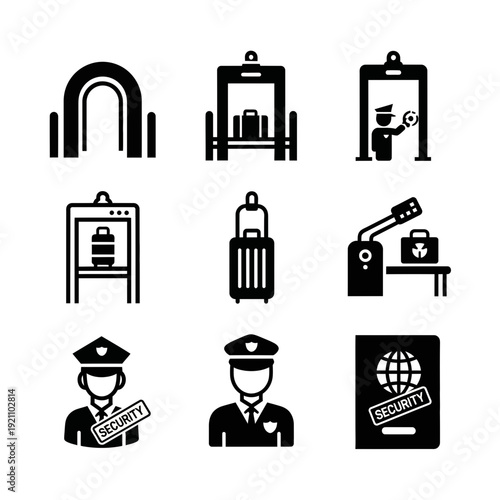 Set of Solid Black Glyph Icons for Airport and Travel Security Procedures, Featuring Checkpoints, Baggage Scanners, and Guards