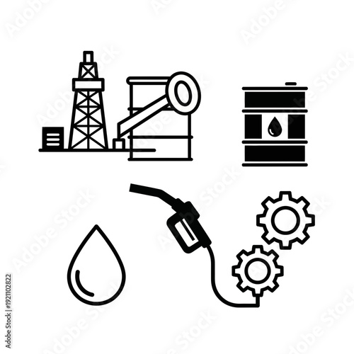 Collection of Flat Black Oil and Gas Industry Icons Depicting Drilling Rigs, Fuel Barrels, and Energy Production Processes