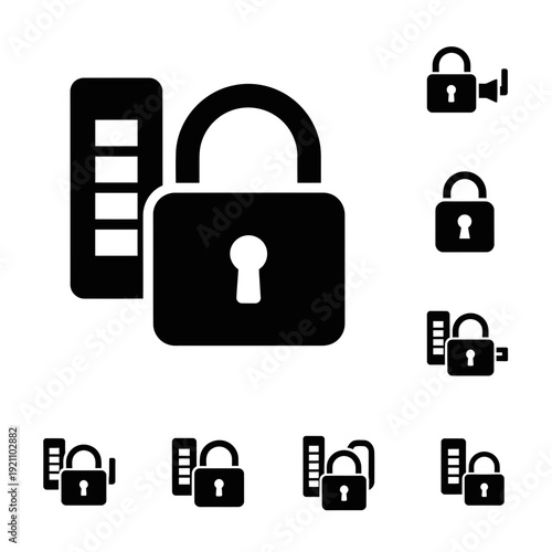Set of Black Vector Icons for Data Security, Cyber Protection, and Information Access Control with Padlocks and Servers