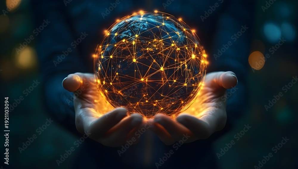 Fototapeta premium Hands holding glowing earth network globe