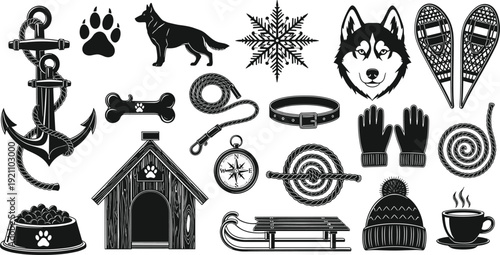 snowflake sled dog house and winter apparel for outdoor rescue and mountain adventure, sled dog house and winter apparel for outdoor rescue and mountain 