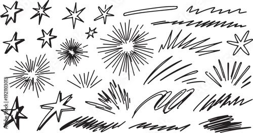 Hand drawn fireworks and stars in sketch style with black ink on white background for celebration design