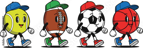 Retro Cartoon Sports Ball Mascots Collection Featuring Tennis Football Soccer and Basketball Characters in Vintage Rubber Hose Style Vector Illustration
