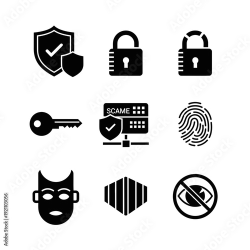 Cybersecurity and Data Protection Icon Set: Flat Black Vector Illustrations for Digital Security, Privacy, and Threat Management.