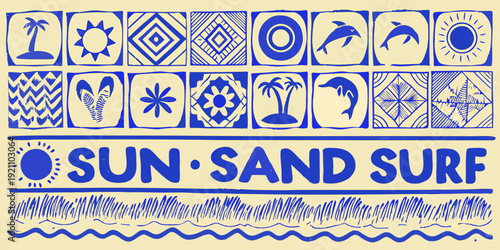 Blue and white illustrated pattern with sun surf and tropical motifs