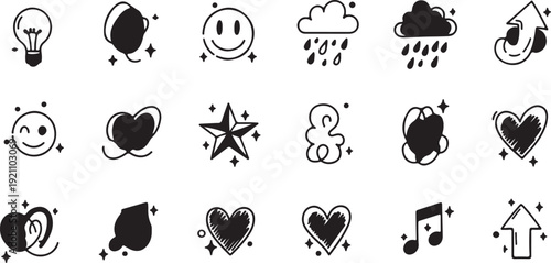 Hand-drawn icons set in minimalist style with black line art on white background for social media